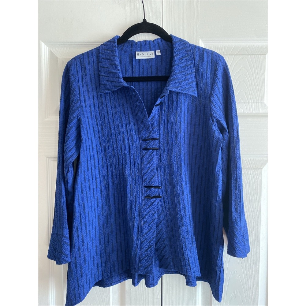 Habitat Toggle Button Tunic Top Womens XS Blue Striped Seersucker Lagenlook Arts